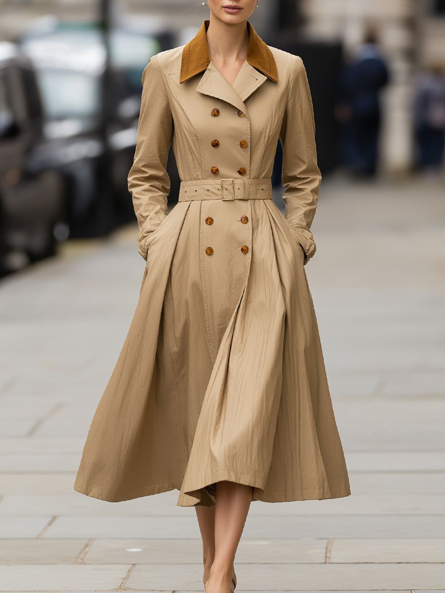 Kamelový trench coat s kontrastním límcem a páskem ve stylu šaty