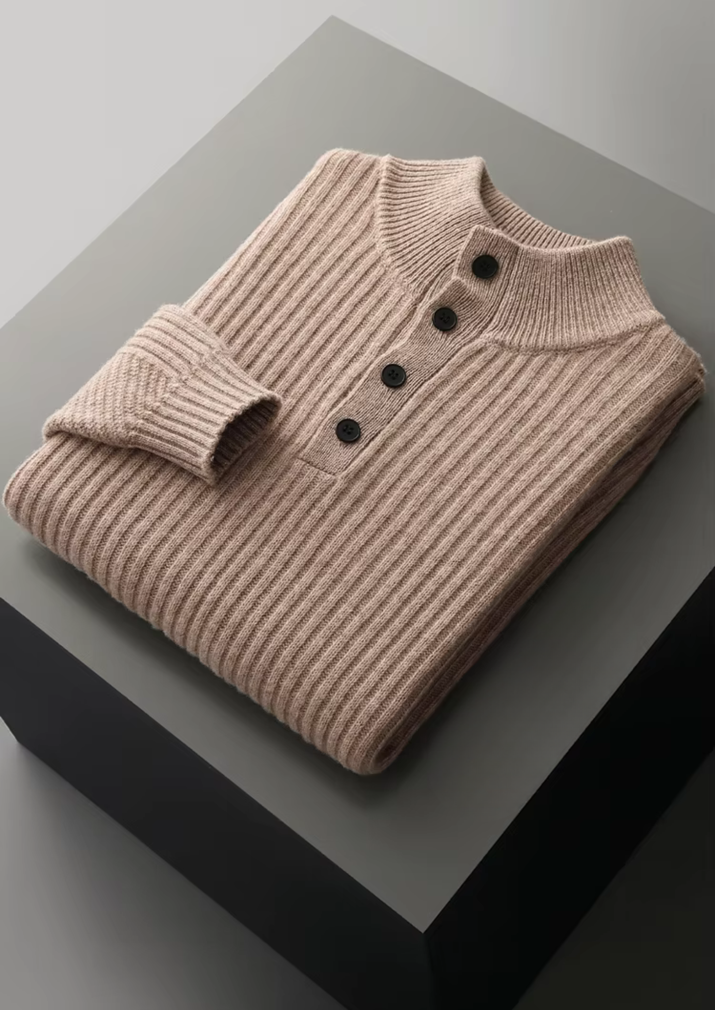PURE EXTRA-FINE MERINO Vlněný pletený svetr s žebrováním Henley