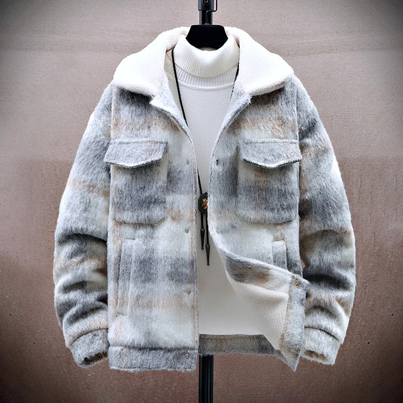 Pánská kostkovaná kožešinová bunda s fleecovou podšívkou